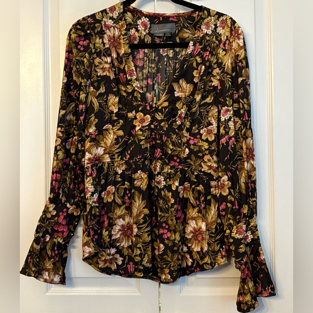 Anthropologie Womens Top, Black Floral, Peplum tunic, size medium